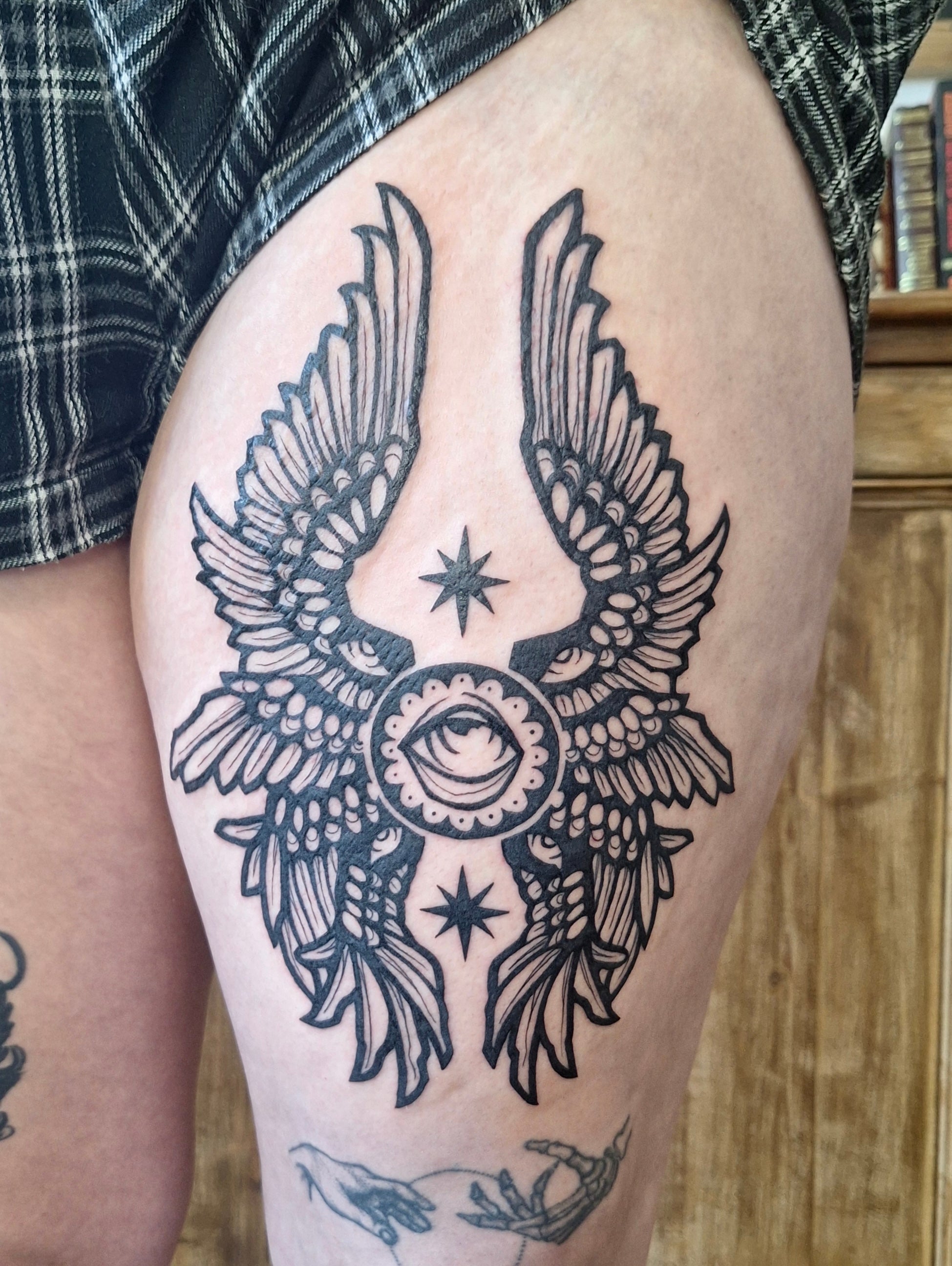 Bold blackwork, illustrative blackwork, bible accurate angel. Canterbury, Kent 