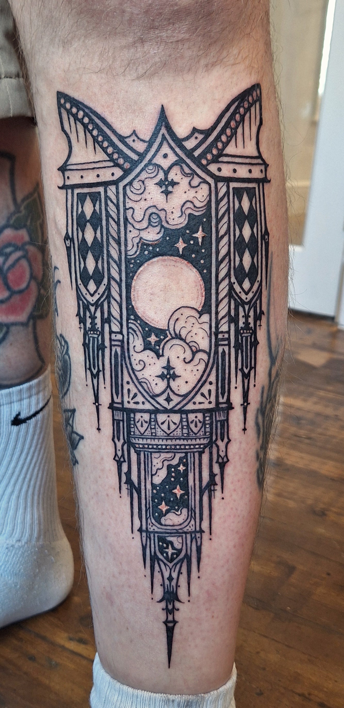 Whimsical Blackwork, gothic window, goth tattooist near me. 