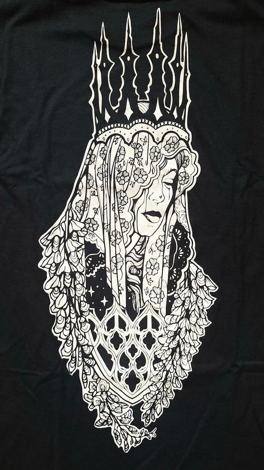 A black t-shirt featuring a large white graphic print of a crowned woman in a floral veil and crown