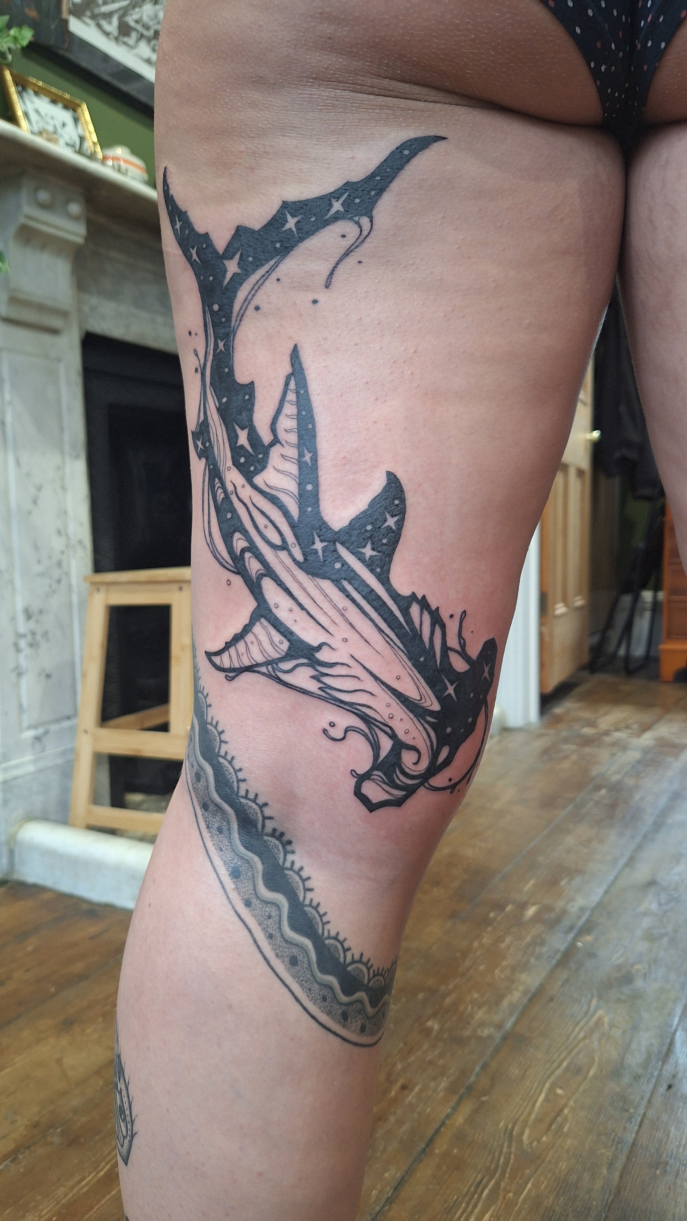 Whimsical Blackwork tattoo, whale shark, Canterbury 